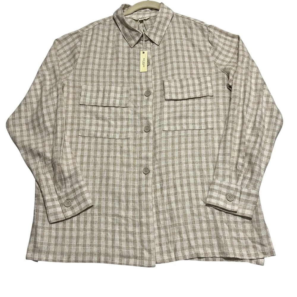 MAX STUDIO London Women's Gingham Plaid Shirt Jacket Button Front Beige L